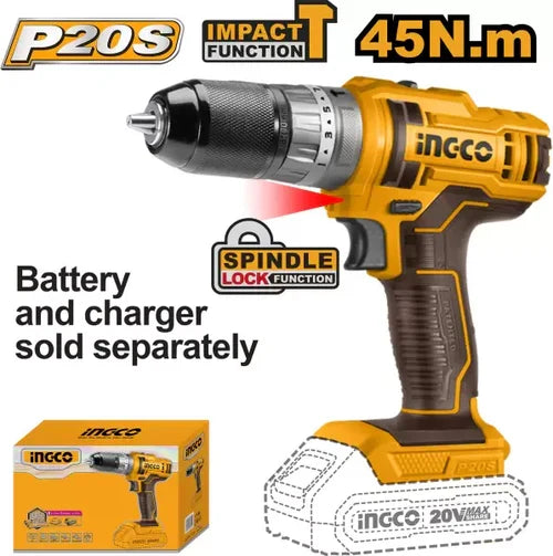 Perceuse à percussion 20 V-45 Nm sans batterie INGCO CIDLI201455