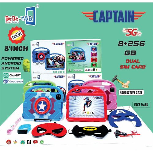 Tablette Bébé-TAB Captain 8" – 8 Go RAM, 256 Go Stockage, 5G – Résistante et Ludique pour Enfants avec Coque Protectrice et Accessoires Héros