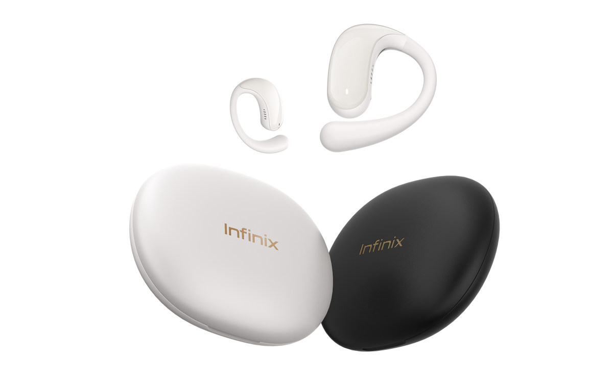 Infinix ZLOOP 4 XEO4G, oreillettes a crochet blanches et les deux boitiers noir et blanc