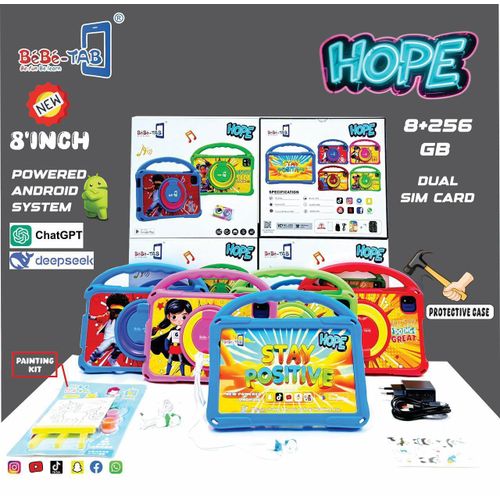 Tablette Bébé-TAB HOPE 8" – 8 Go RAM, 256 Go Stockage, Dual SIM – Éducative, Antichoc et Ludique pour Enfants avec Applications Intégrées