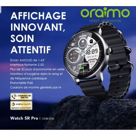 Oraimo Montre Connectée Watch 5R Pro AMOLED 1,43" Montre Intelligente IP68 Interface Flottante 2.5D - OSW-830