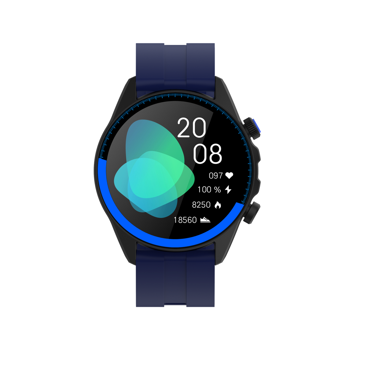 Montre connectee Infinix Watch GT Pro de face, cadran rond noir affichant l'heure et le rythme cardiaque, bracelet silicone bleu