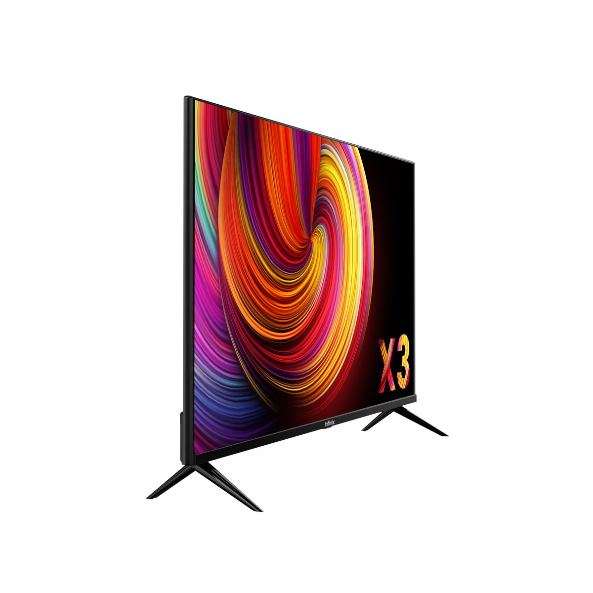 Smart TV Infinix 43 pouces de trois quarts gauche, socle à quatre branches visible
