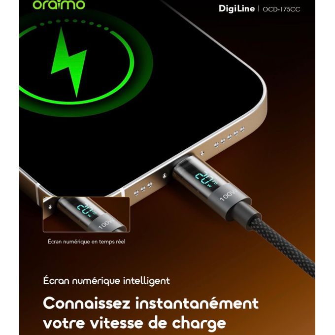 Oraimo Câble Type-C 100W DigiLine 175cc – Charge Ultra Rapide avec Affichage Digital – 1,2m
