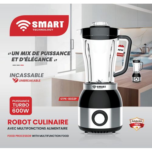 Blender Multifonctions SMART TECHNOLOGY -STPE-8032P- Avec Bol Incassable Résistant à L'eau/ Moteur En Cuivre Pur - 600 W- 1.8 L- Gris