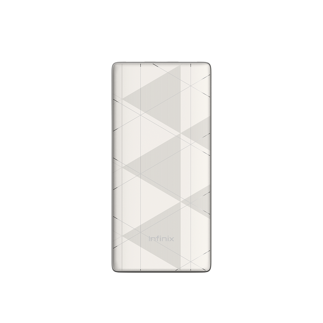 Batterie externe Infinix XP10 blanche vue de face, logo Infinix sur le boîtier plat à motif triangulaire