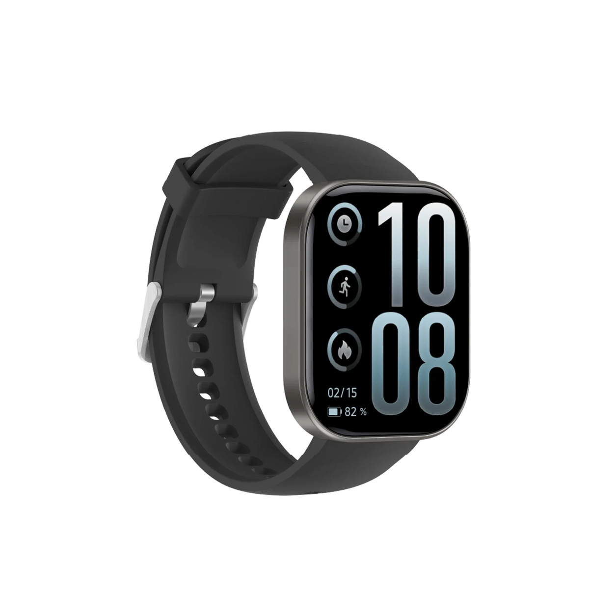 Infinix XWatch H5 Pro vue de trois quarts, boitier gris anthracite et bracelet noir referme par une boucle argentee