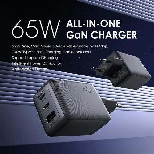 Chargeur ORAIMO noir compact 3 ports USB avec câble Type-C inclus