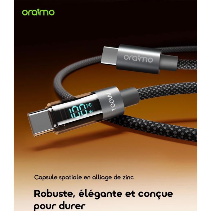 Oraimo Câble Type-C 100W DigiLine 175cc – Charge Ultra Rapide avec Affichage Digital – 1,2m