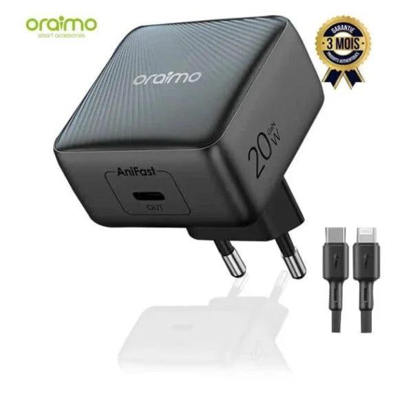 Charger Kit Oraimo EUOCW-5201E+CL55 – Chargeur Rapide 20W GaN avec Câble USB-C vers Lightning