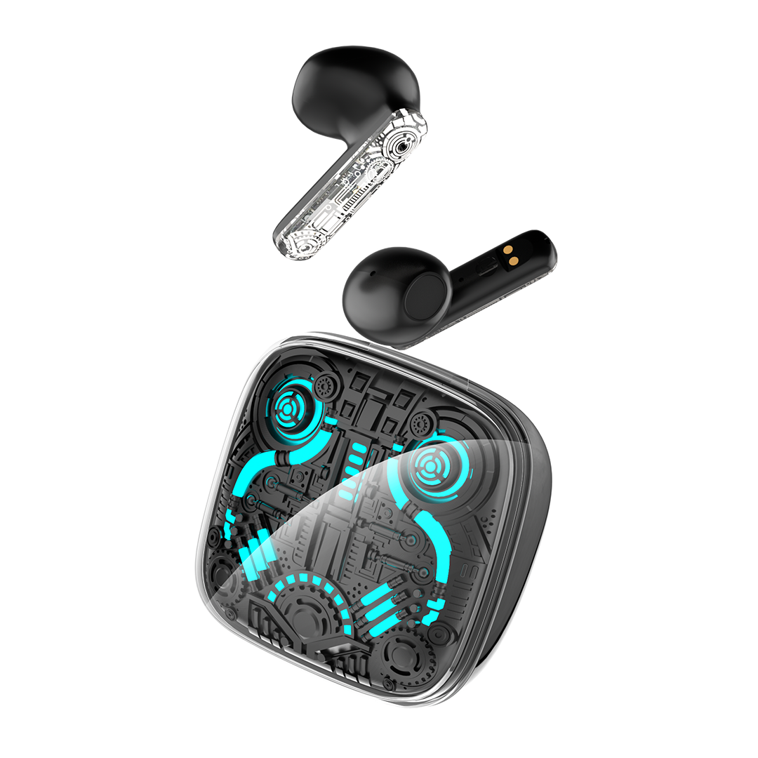 Infinix XBUDS 3 GT XE30 noirs, boitier transparent a eclairage LED turquoise et les deux oreillettes