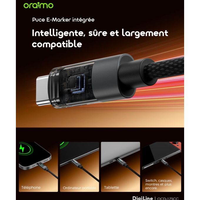 Oraimo Câble Type-C 100W DigiLine 175cc – Charge Ultra Rapide avec Affichage Digital – 1,2m