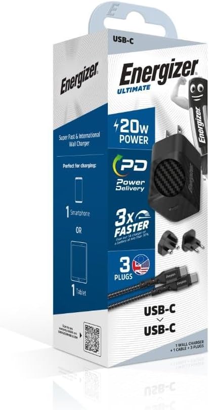 Energizer A20MUL cable CHARGE RAPIDE, EU UK US Adapters, USB C Cable, 20W Black