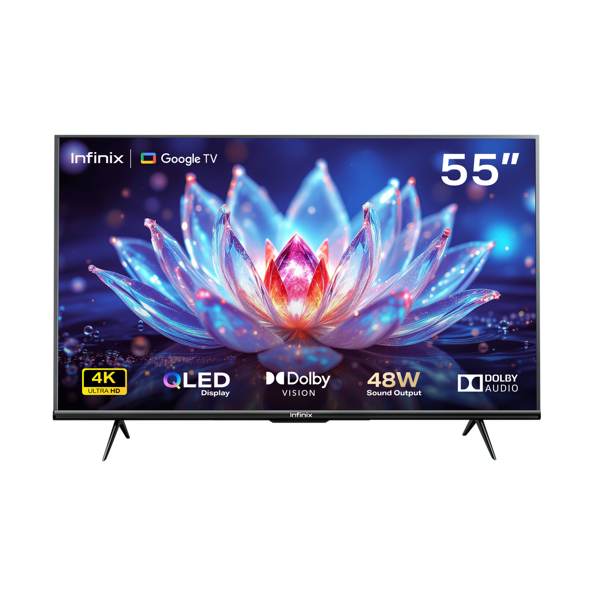 Téléviseur Infinix Google TV 55 pouces QLED 4K de face, fleur de lotus à l'écran