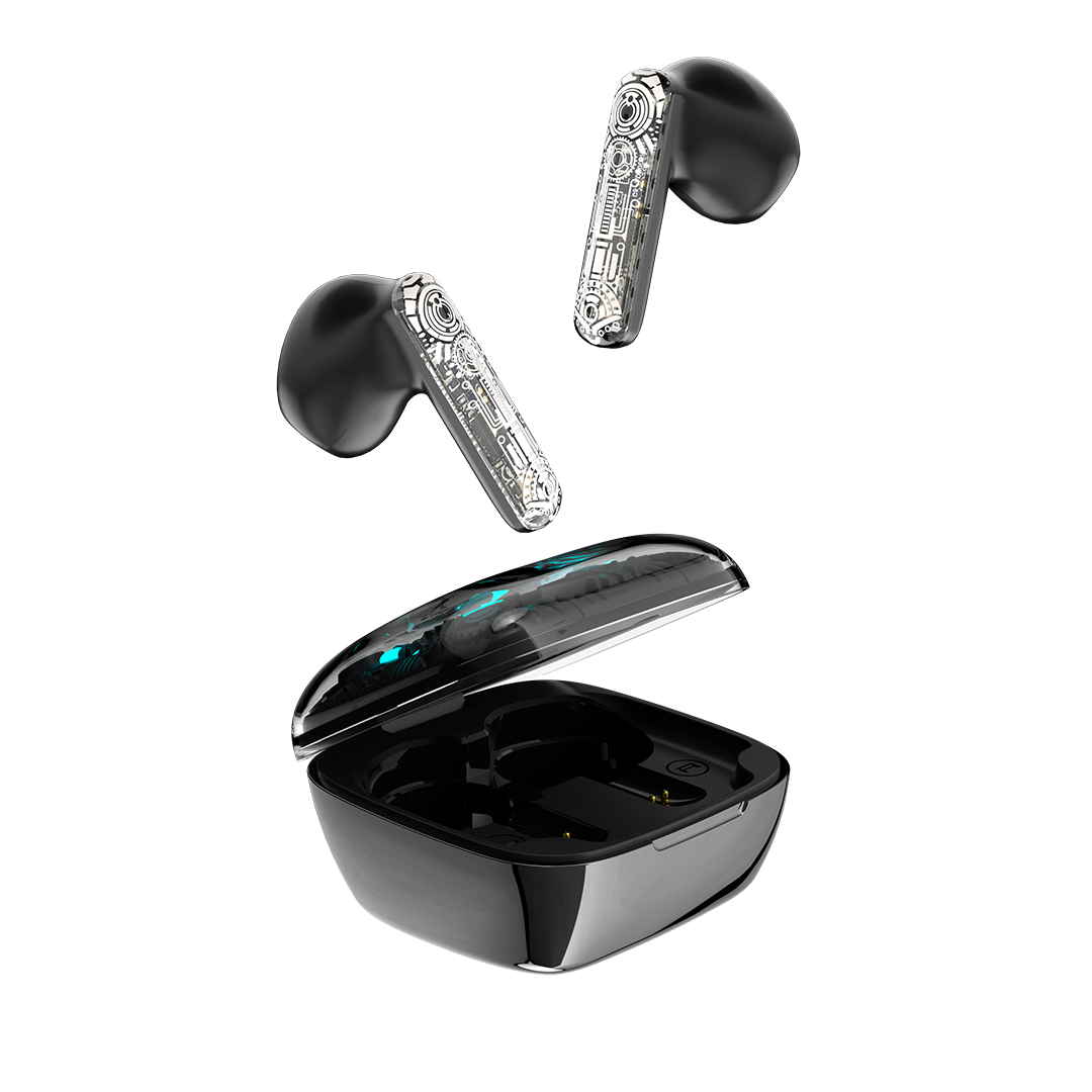 Ecouteurs Infinix XBUDS 3 GT a tige transparente laissant voir le circuit imprime
