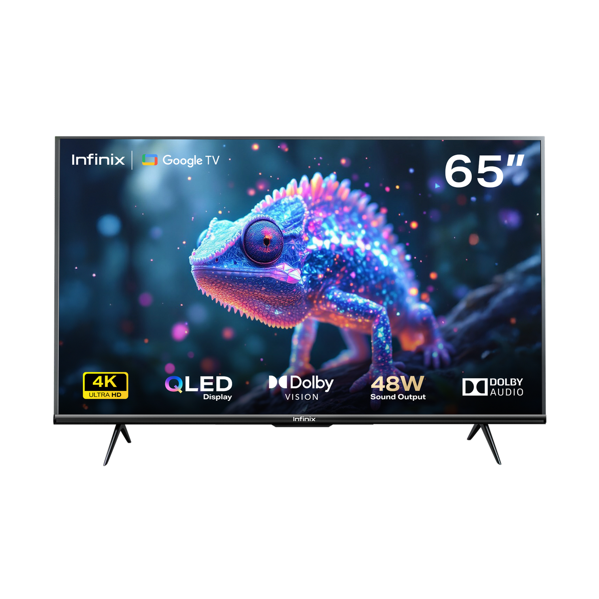 Téléviseur Infinix Google TV 65 pouces QLED 4K de face, caméléon coloré à l'écran