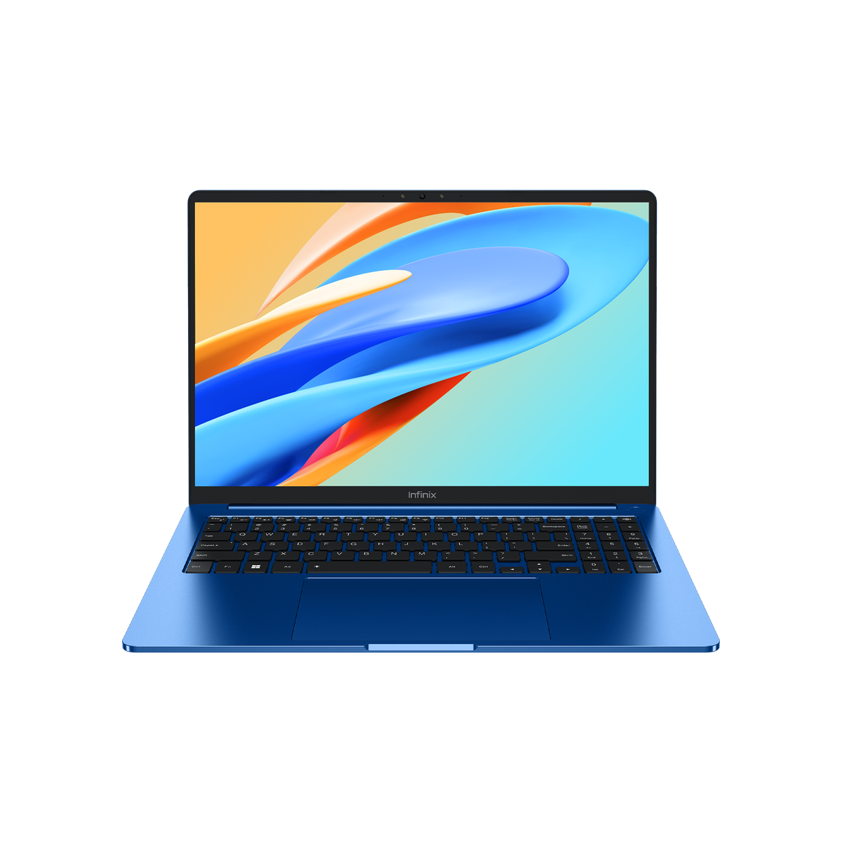 Ordinateur portable Infinix INBOOK Y4 Max bleu ouvert de face, ecran 16 pouces allume et clavier avec pave numerique