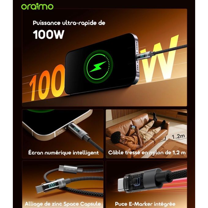 Oraimo Câble Type-C 100W DigiLine 175cc – Charge Ultra Rapide avec Affichage Digital – 1,2m
