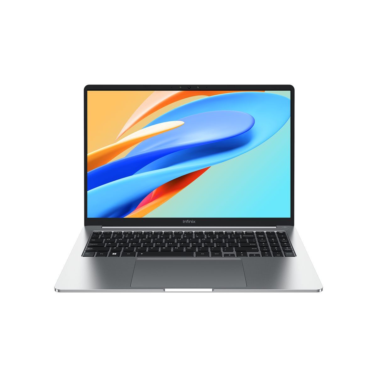 Infinix INBOOK Y4 Max en coloris argent, capot ouvert, grand pave tactile et lecteur d'empreinte sur le bouton d'alimentation