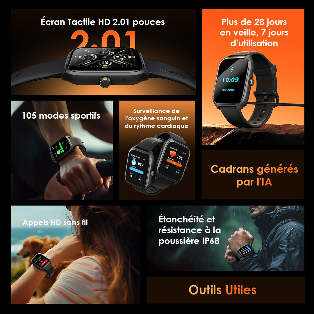 Oraimo Watch 5 Lite OSW-804 – Montre Connectée IP68 Écran 2,01" | Appels, Santé & Sport