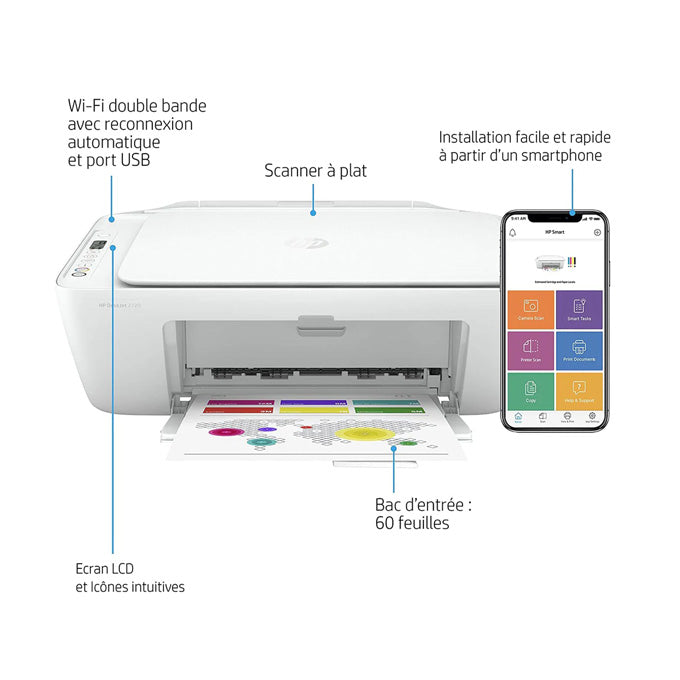 HP Deskjet 2720 Imprimante Tout-en-Un Jet d'Encre Couleur et Noir/Blanc (A4, Wifi, Bluetooth, HP Smart, Impression, Copie, Numérisation)