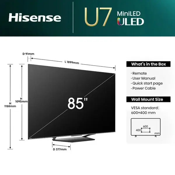 TV connectée mini led Hisense 85” Apple mobile Affichage DLED Résolution ULTRA HD 4K 85U7NAU