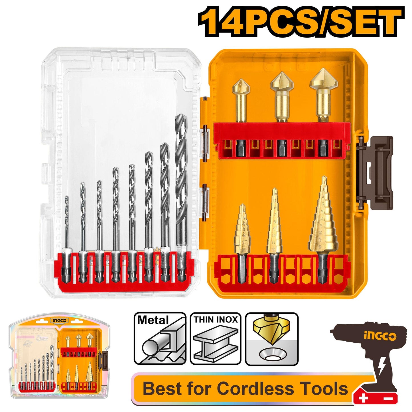 Coffret de 14 foret HSS 4341 et forets etages INGCO AKDL61401