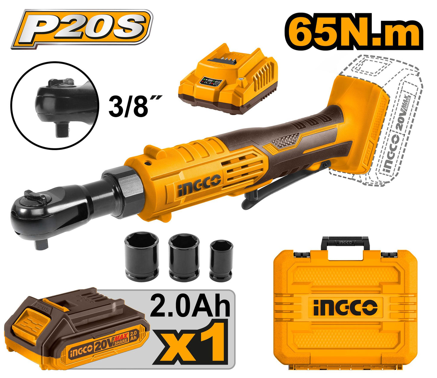 Clé à cliquet 65 Nm sans fil 20 V + 3DOUI + 1 chargeur + 1 batterie INGCO CDRLI2060152 — vue 2