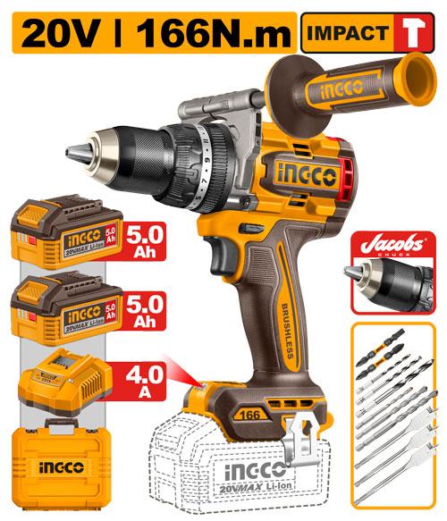Perceuse à percussion 20 V 166 Nm + 2BAT5 Ah + chargeur INGCO CIDLI201668
