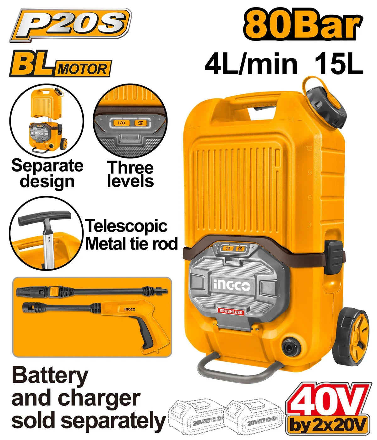 Nettoyeur à haute pression sans fil 40 V / 15 L-SB INGCO CPWLI4006 — vue 3