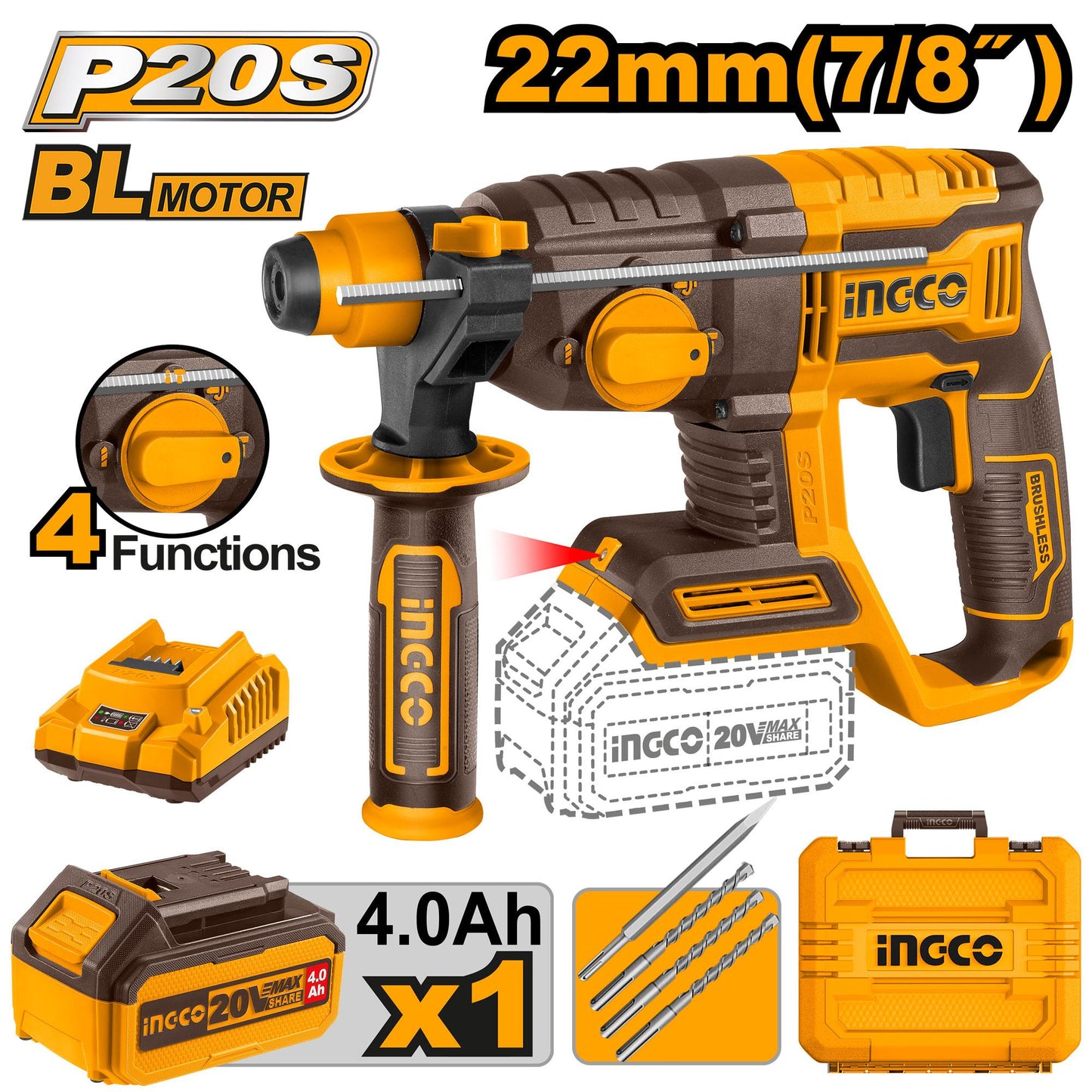 Marteau perforateur 20 V-22 mm + 1 batterie 4A + chargeur INGCO CRHLI202081