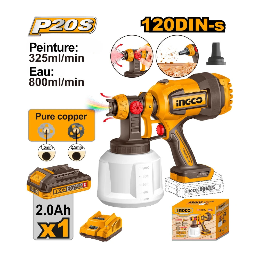 Pistolet pulvérisateur 20 V + 1BAT2 Ah + chargeur INGCO CSGLI20042