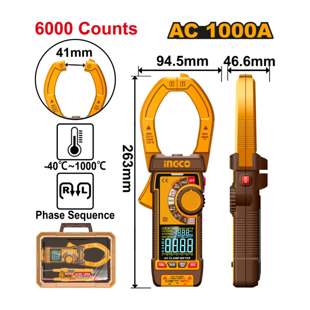 Pince amperemetrique digitale AC 1000A / 6000C INGCO DCM610001