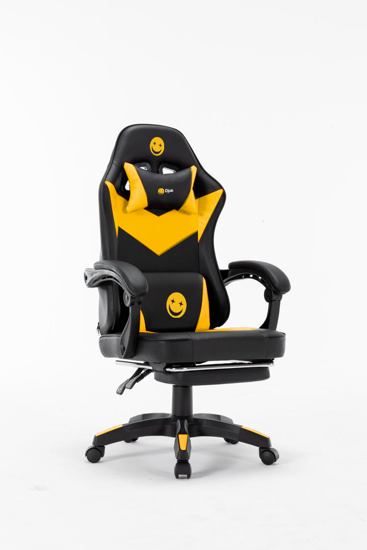 DJOK Chaise Gaming, Siège de Bureau réglable, Fauteuil Gaming avec Repose-Pieds, Ergonomique, mécanisme basculent, Appui-tête, Support Lombaire, Charge 150 kg, Jaune et Noir