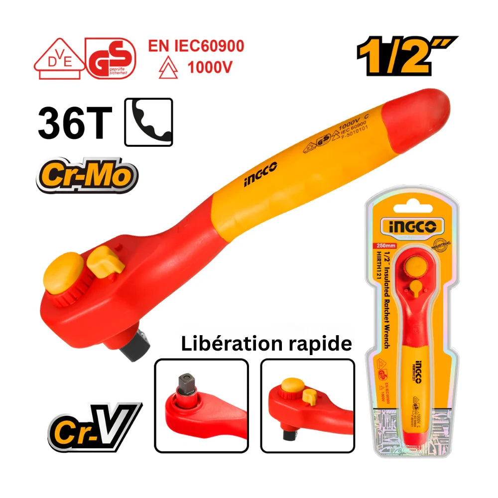 Clé à cliquet isolée 1 / 2" 250 mm 36 t / 1000 V, VDE C INGCO HIRTH121