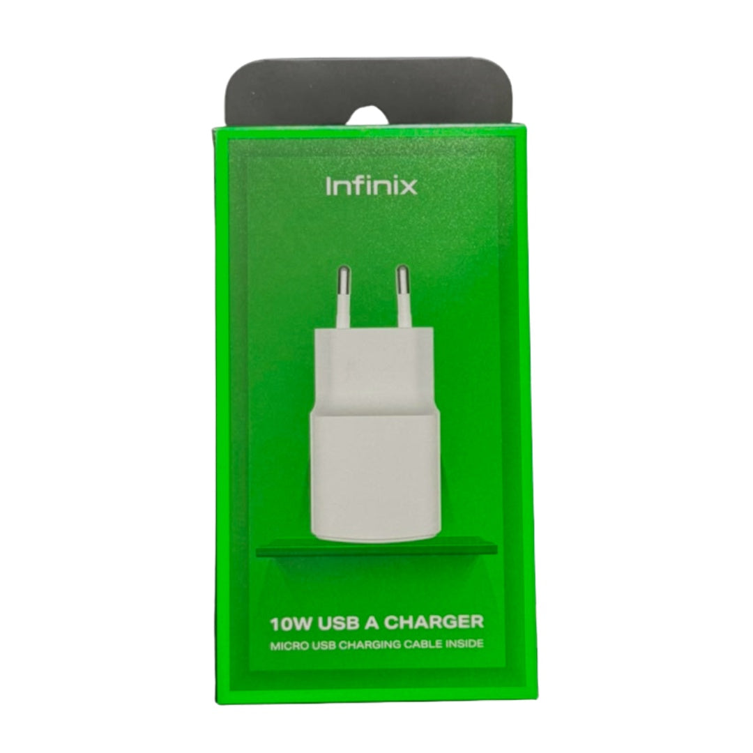 Face avant de l'emballage Infinix 10W USB A Charger, le bloc à broches rondes imprimé sur le carton vert