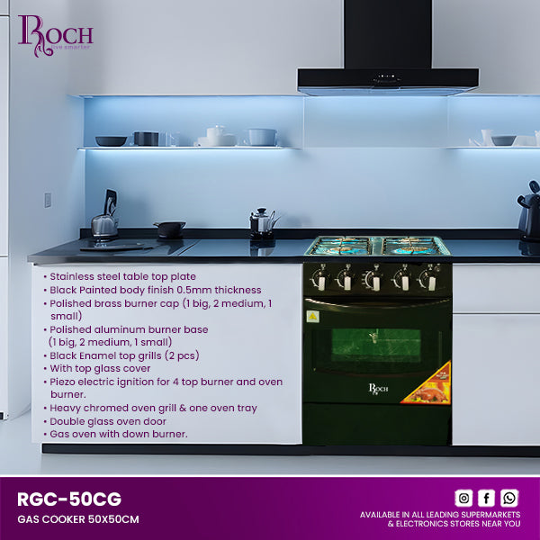 Cuisinière à Gaz 4 Feux - ROCH - 50 x 50- Full Option-(RGC-50G4-G(B)- Noir