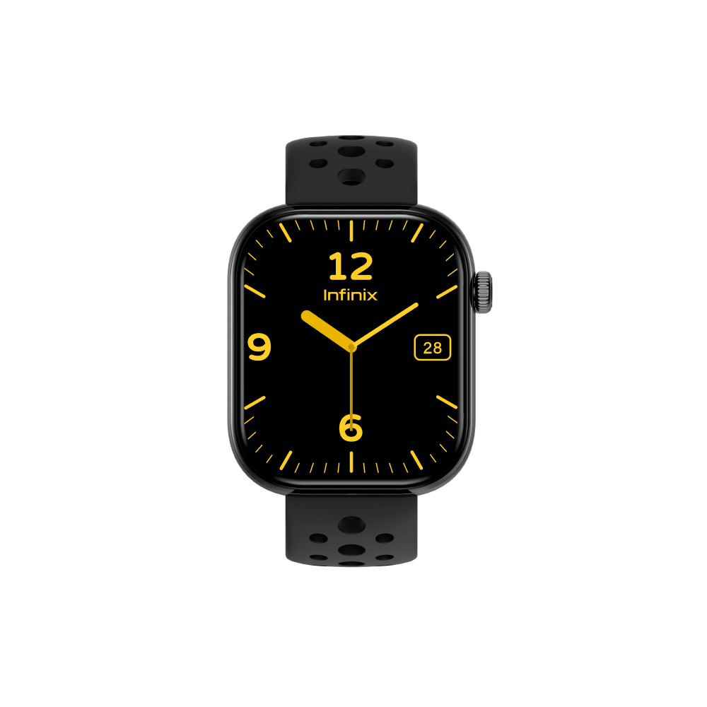 Montre connectee Infinix XWatch H4 coloris Phantom Black, ecran carre affichant un cadran jaune, bracelet silicone noir perfore