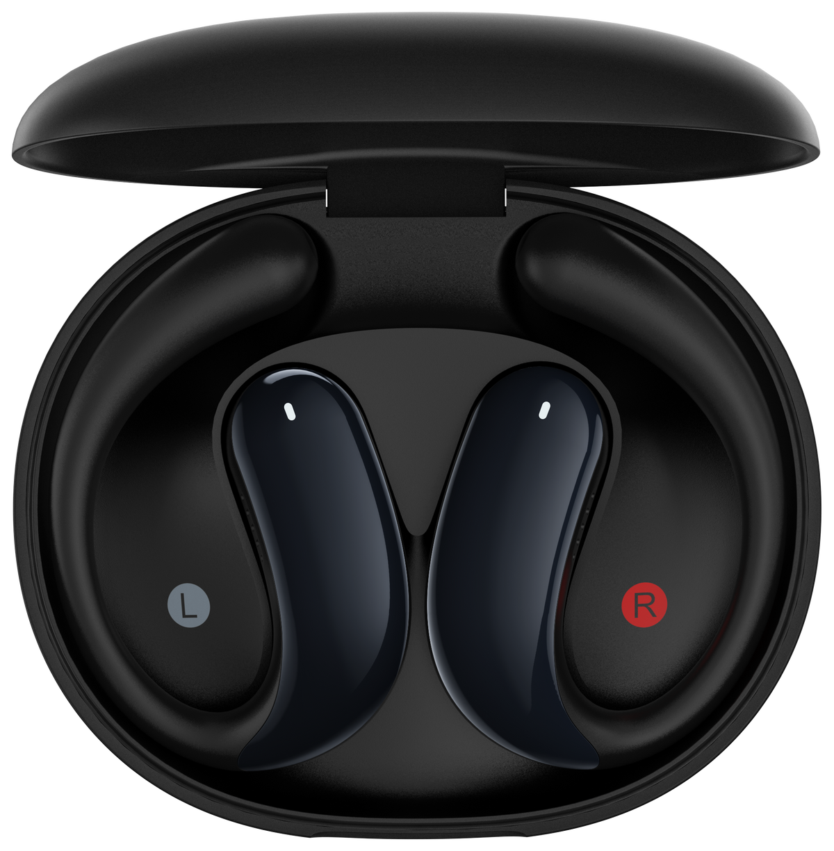 Boitier noir Infinix ZLOOP 4 ouvert, les deux ecouteurs loges sur leurs emplacements L et R