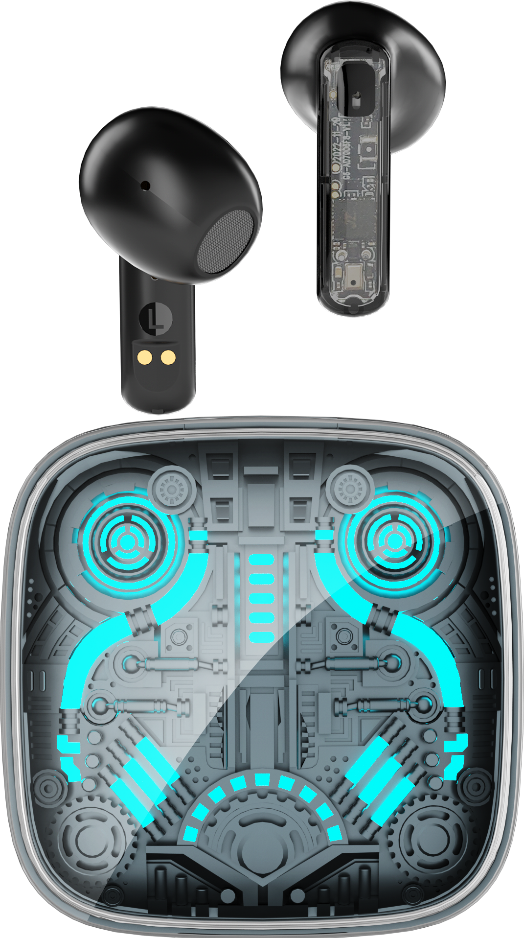 Vue verticale des ecouteurs Infinix XE30 et du couvercle lumineux du boitier