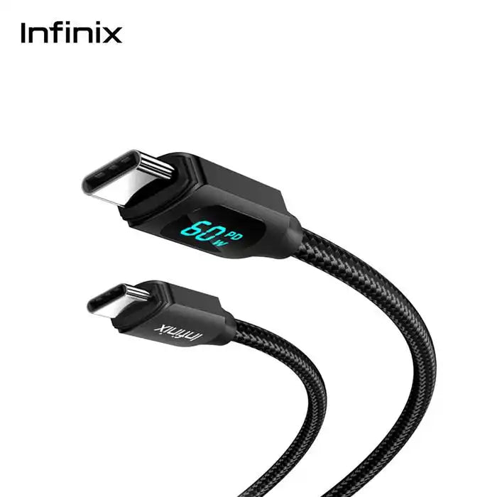 Gros plan sur les deux connecteurs USB-C du cable Infinix XDC73 et son ecran indiquant 60W PD