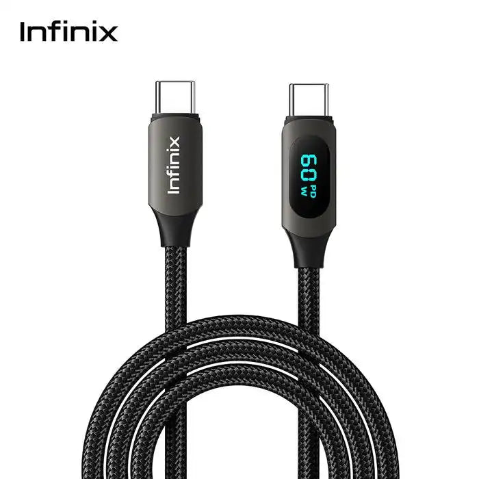 Cable Infinix XDC73 USB-C vers USB-C tresse noir avec afficheur 60W, vu de face