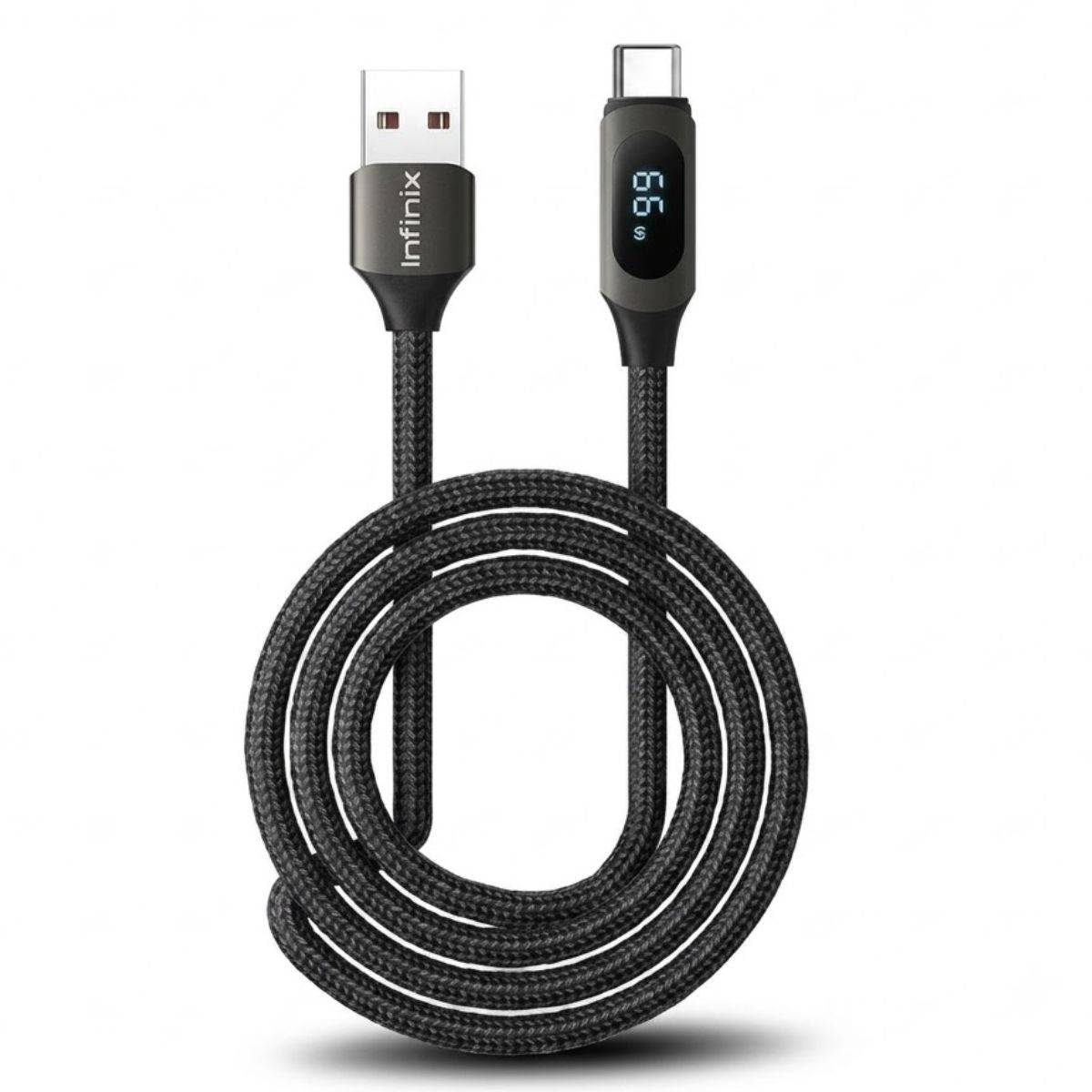 Câble Infinix XDC76A tressé noir enroulé, USB-A d'un côté et USB-C à afficheur 66 W de l'autre
