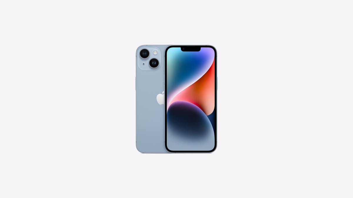 iPhone 14 coloris bleu, dos bleu ciel pâle, encoche visible et fond d'écran bleu et corail