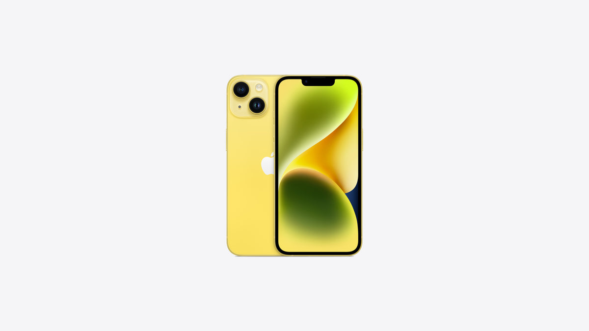 iPhone 14 coloris jaune, dos jaune citron ajouté en mars 2023, écran allumé sur un fond d'écran jaune et vert