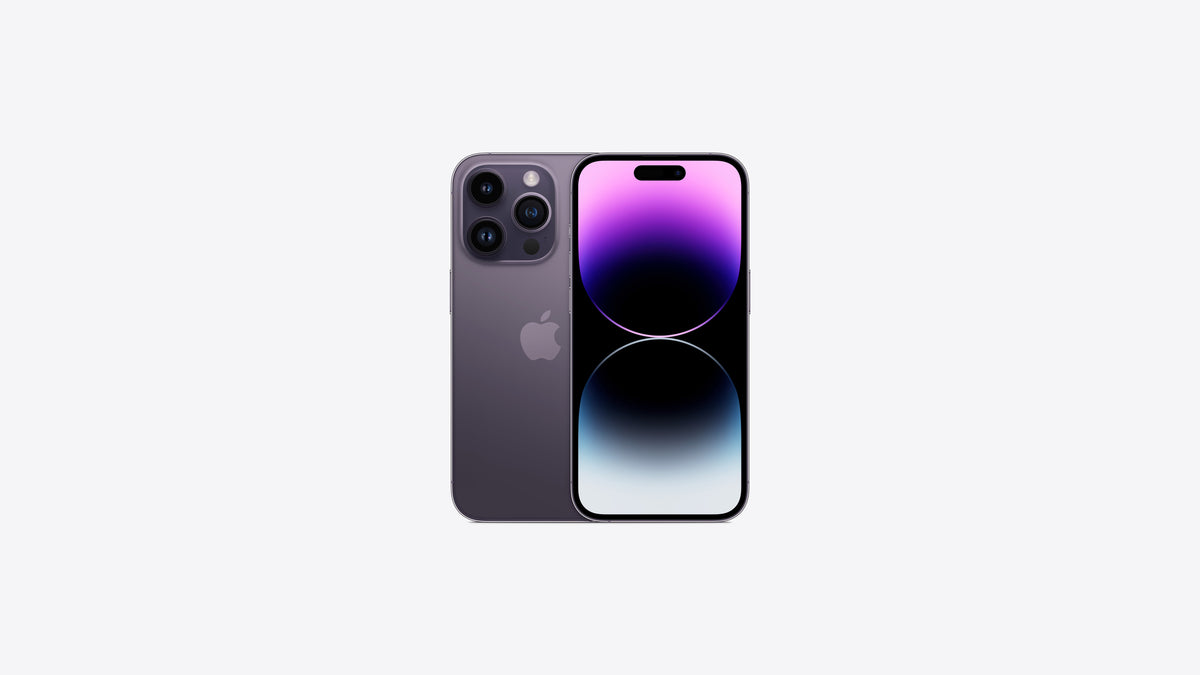 iPhone 14 Pro coloris violet intense, dos violet sombre satiné, bloc à trois objectifs et Dynamic Island sur l'écran 6,1 pouces