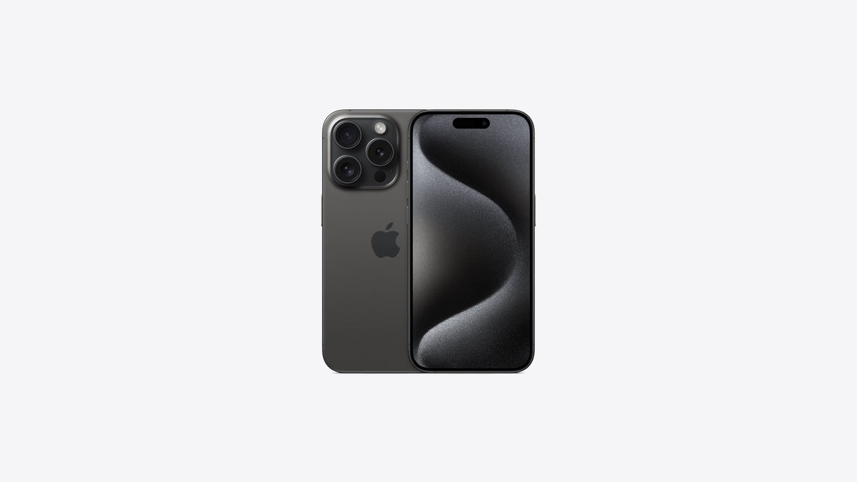iPhone 15 Pro titane noir anthracite, vue de dos et de face côte à côte