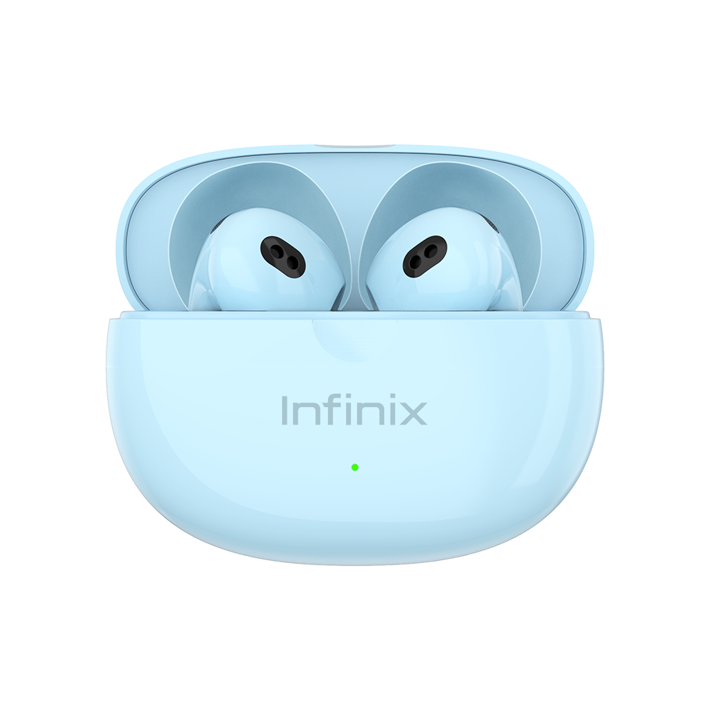 Infinix XBUDS 3 XE31 bleu ciel vus de face, temoin de charge vert allume