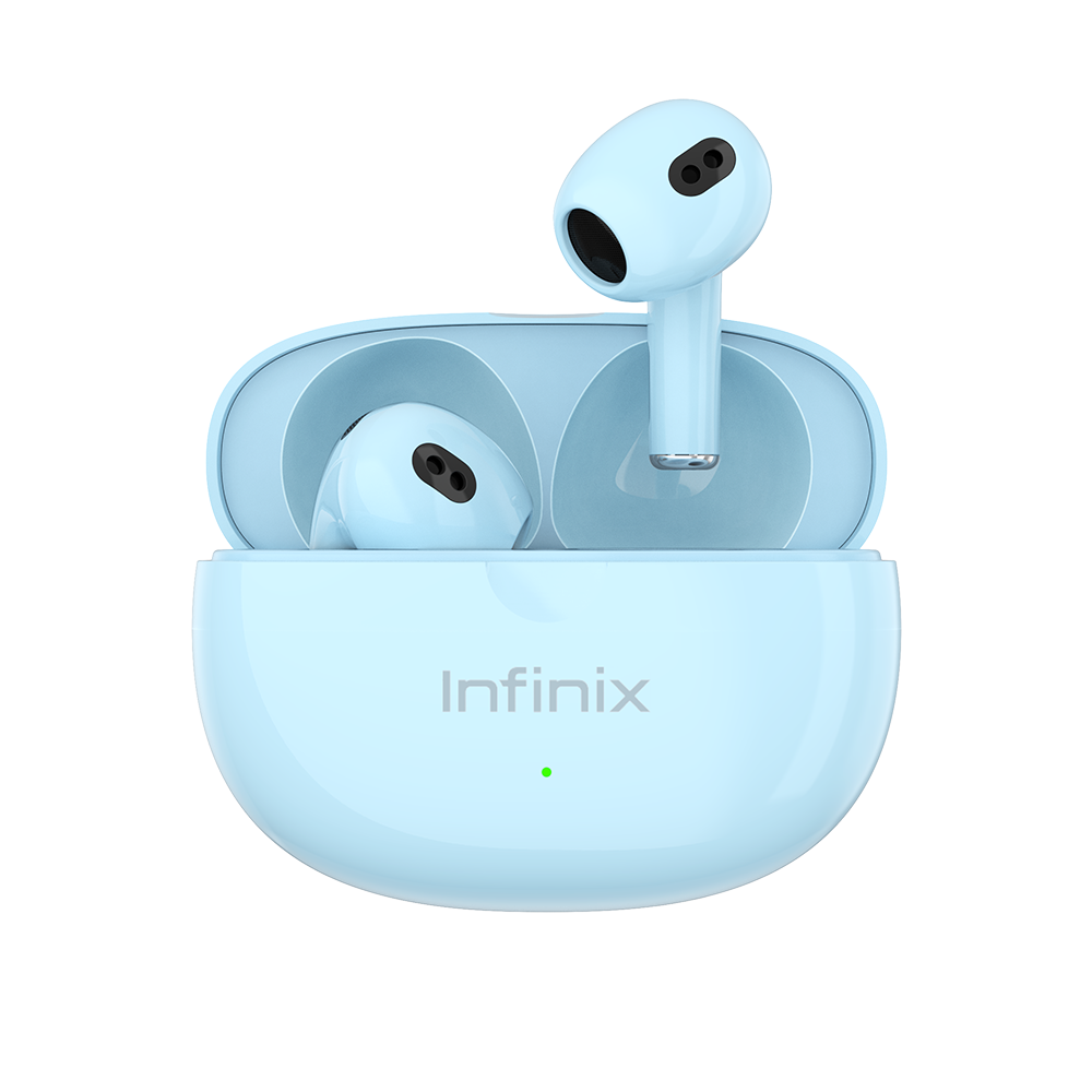 Ecouteur Infinix XE31 bleu sorti du boitier, embout et grille de micro visibles