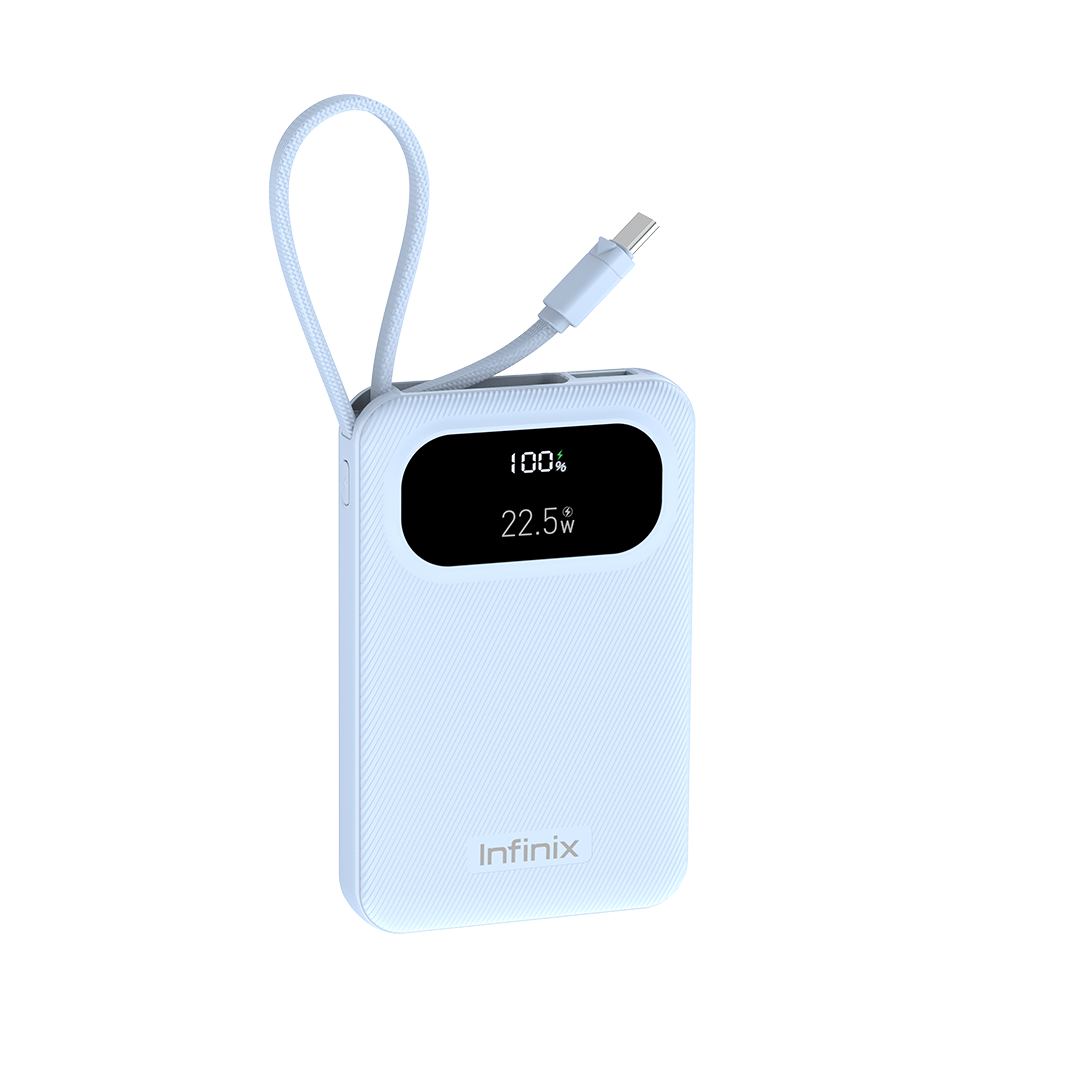 Batterie externe Infinix XP10 Pro bleu clair avec câble USB-C tressé intégré et écran affichant 22,5 W